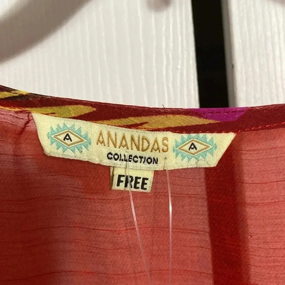 Anandas red fringe floral & birds wrap shawl cover cardigan top FREE size - Picture 10 of 13